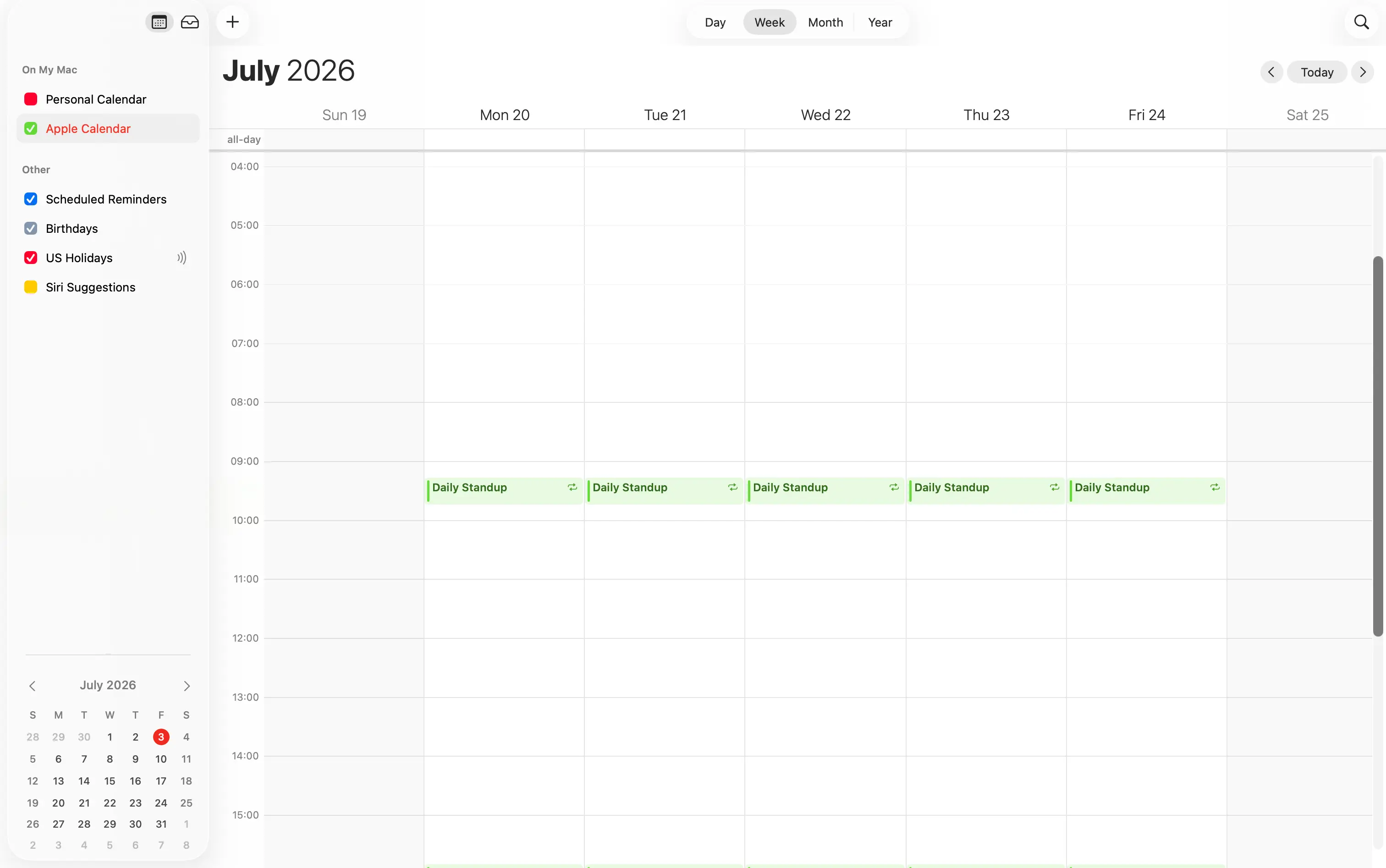 Apple Calendar Wochenansicht auf dem Mac