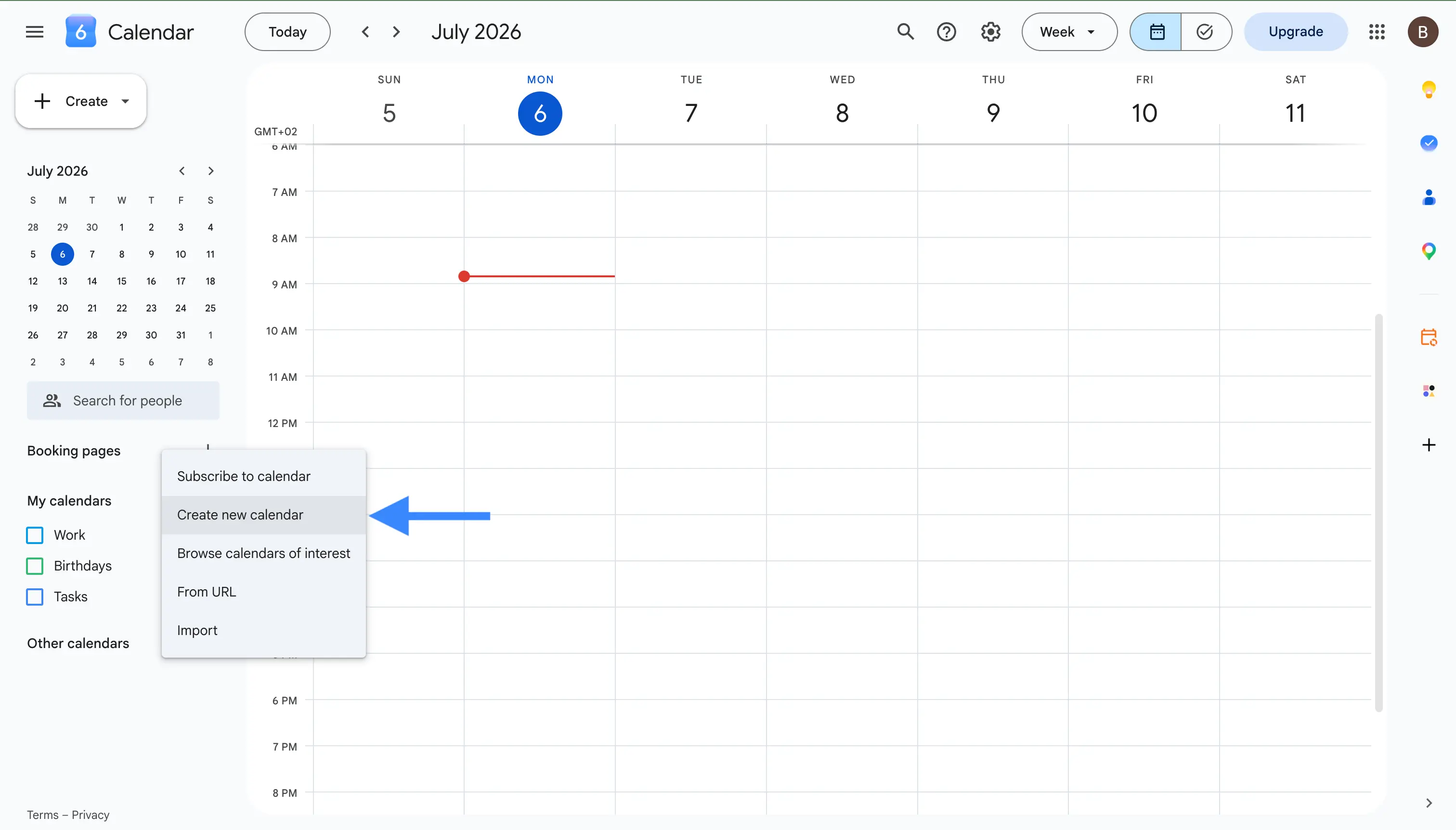 Haz clic en el icono más y elige Crear calendario nuevo