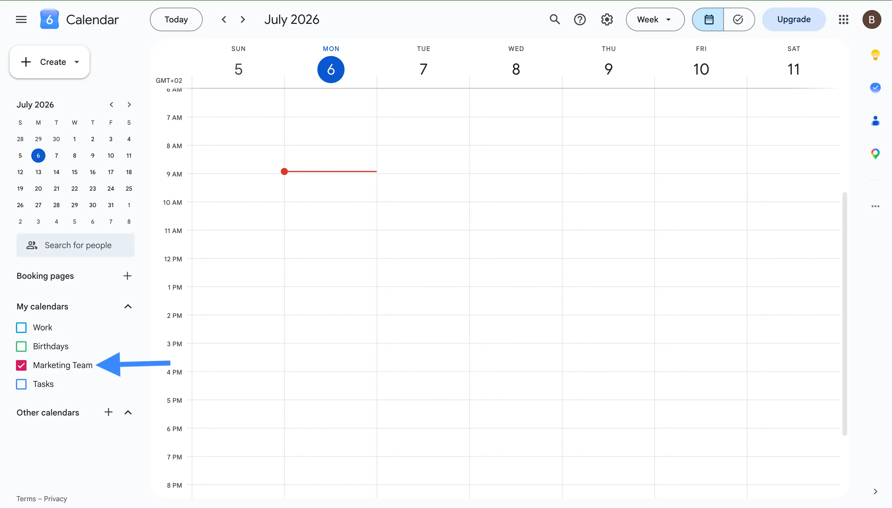El nuevo calendario de grupo aparece en Mis calendarios