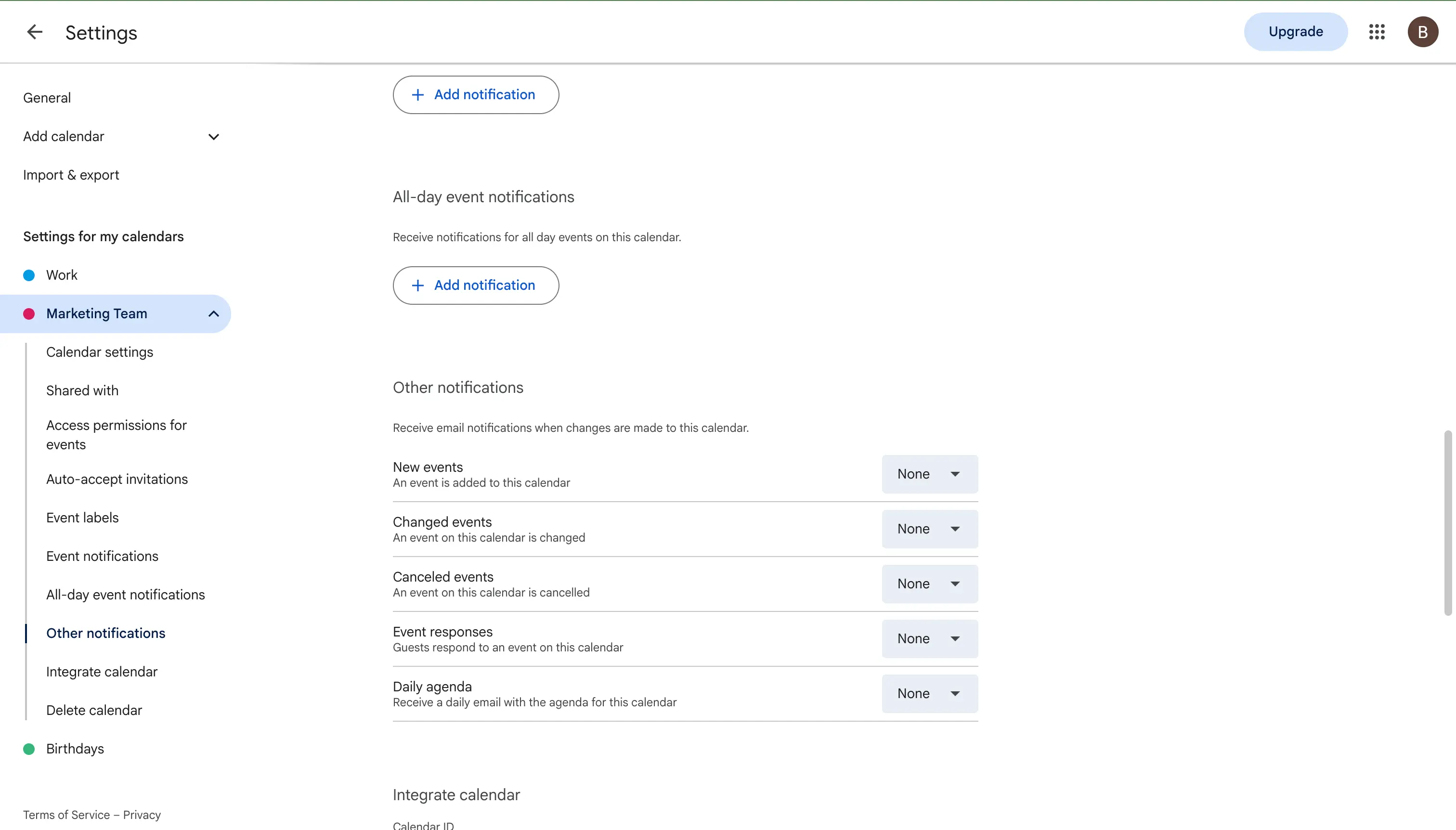 Activar Otras notificaciones para el calendario de grupo