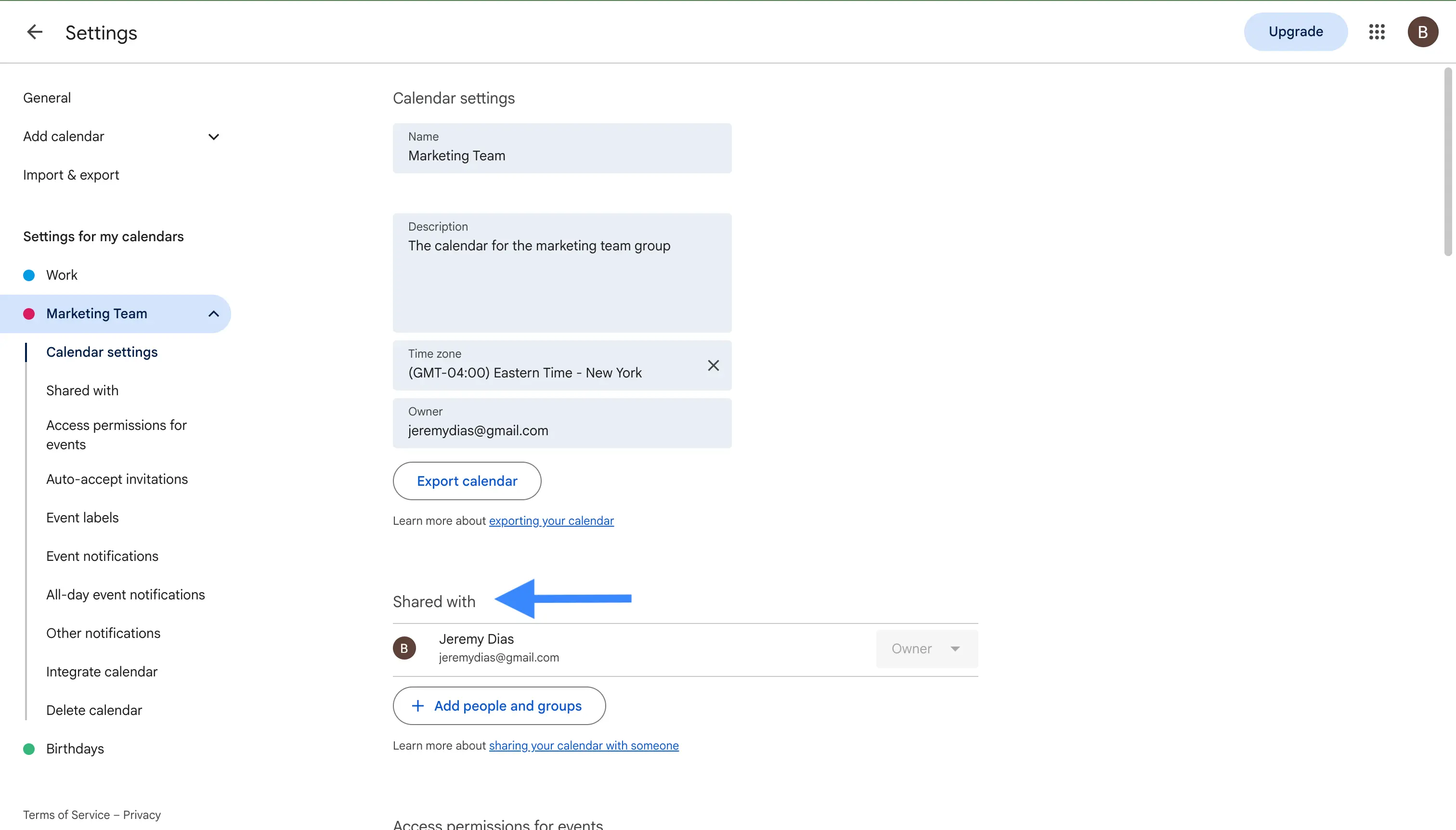 Abrir Configuración y uso compartido del calendario de grupo