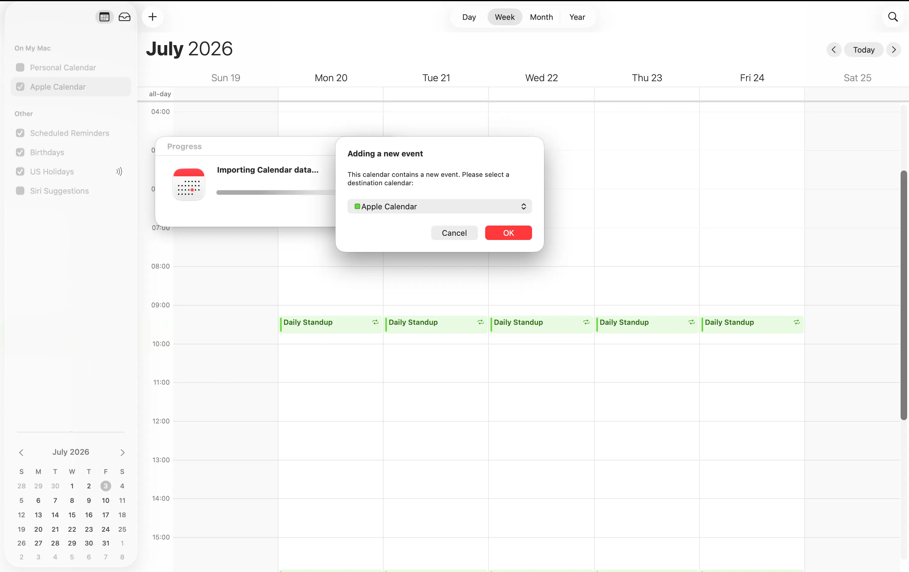Scegli il calendario iCloud di destinazione per l'importazione