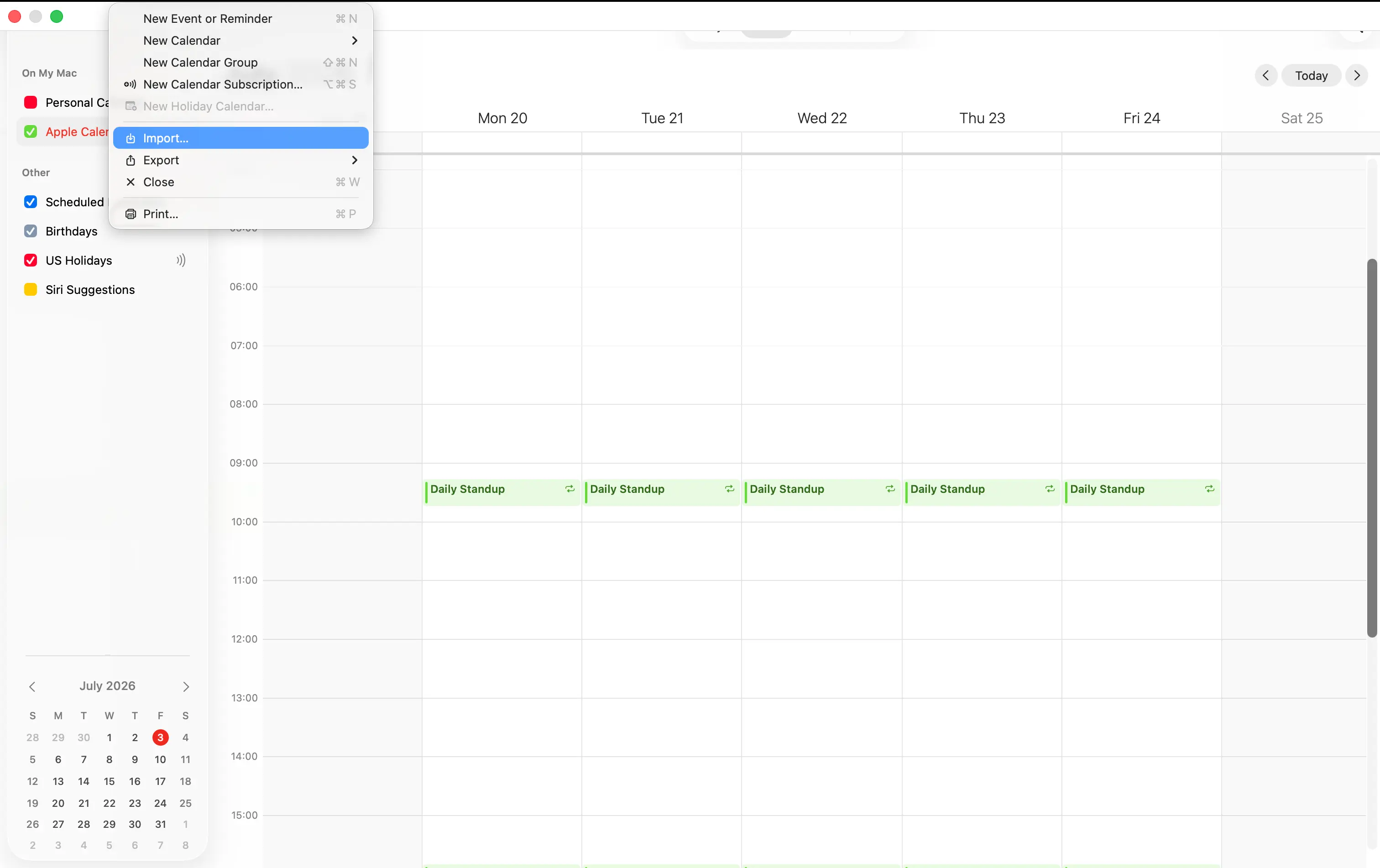 Apri Importa dal menu File nel Calendario di Mac