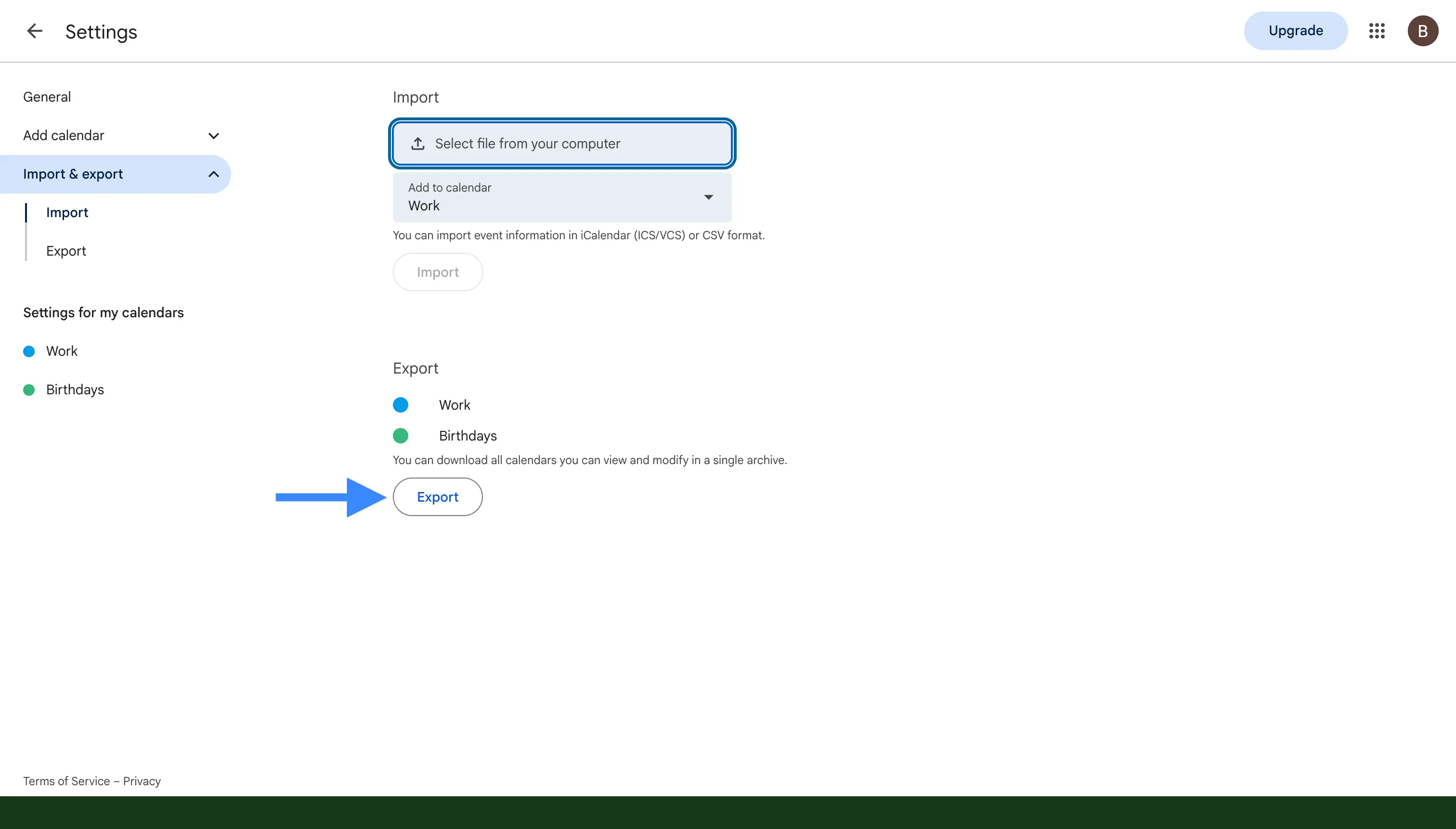 Fai clic su Esporta per scaricare i tuoi calendari come file ZIP