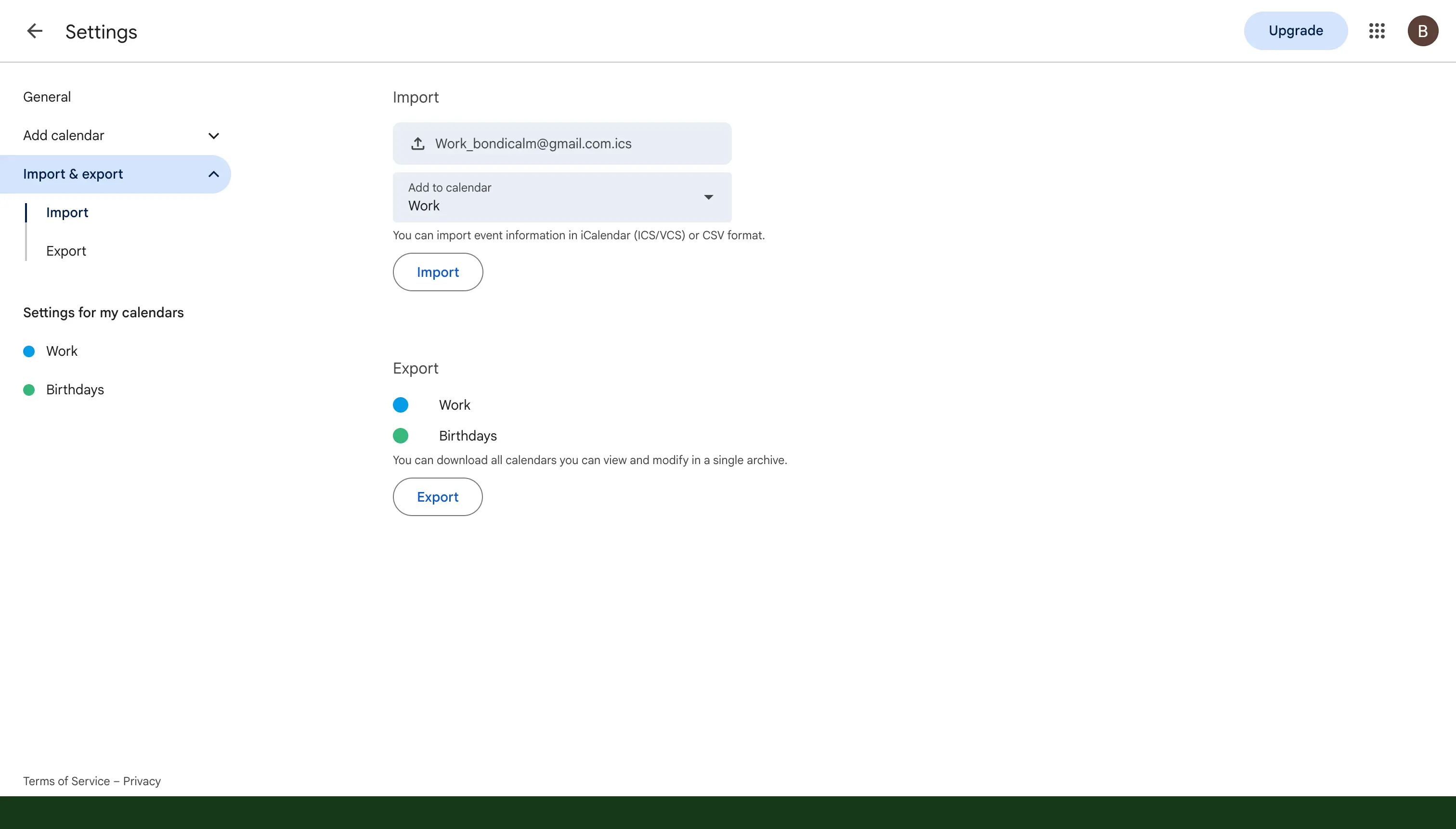 Seleziona il file ICS da importare in Google Calendar