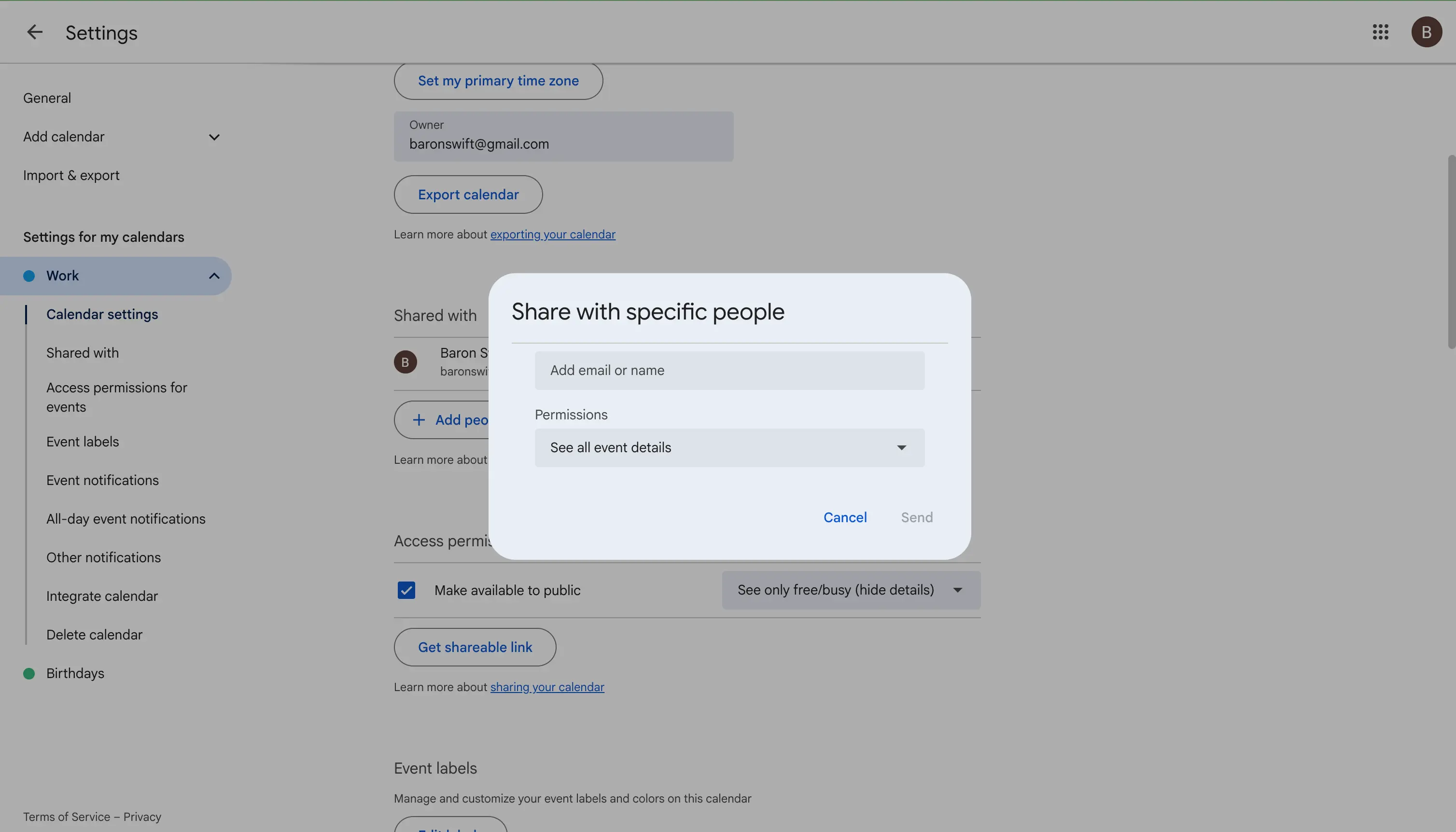Der Dialog Für bestimmte Personen freigeben in den Einstellungen von Google Kalender