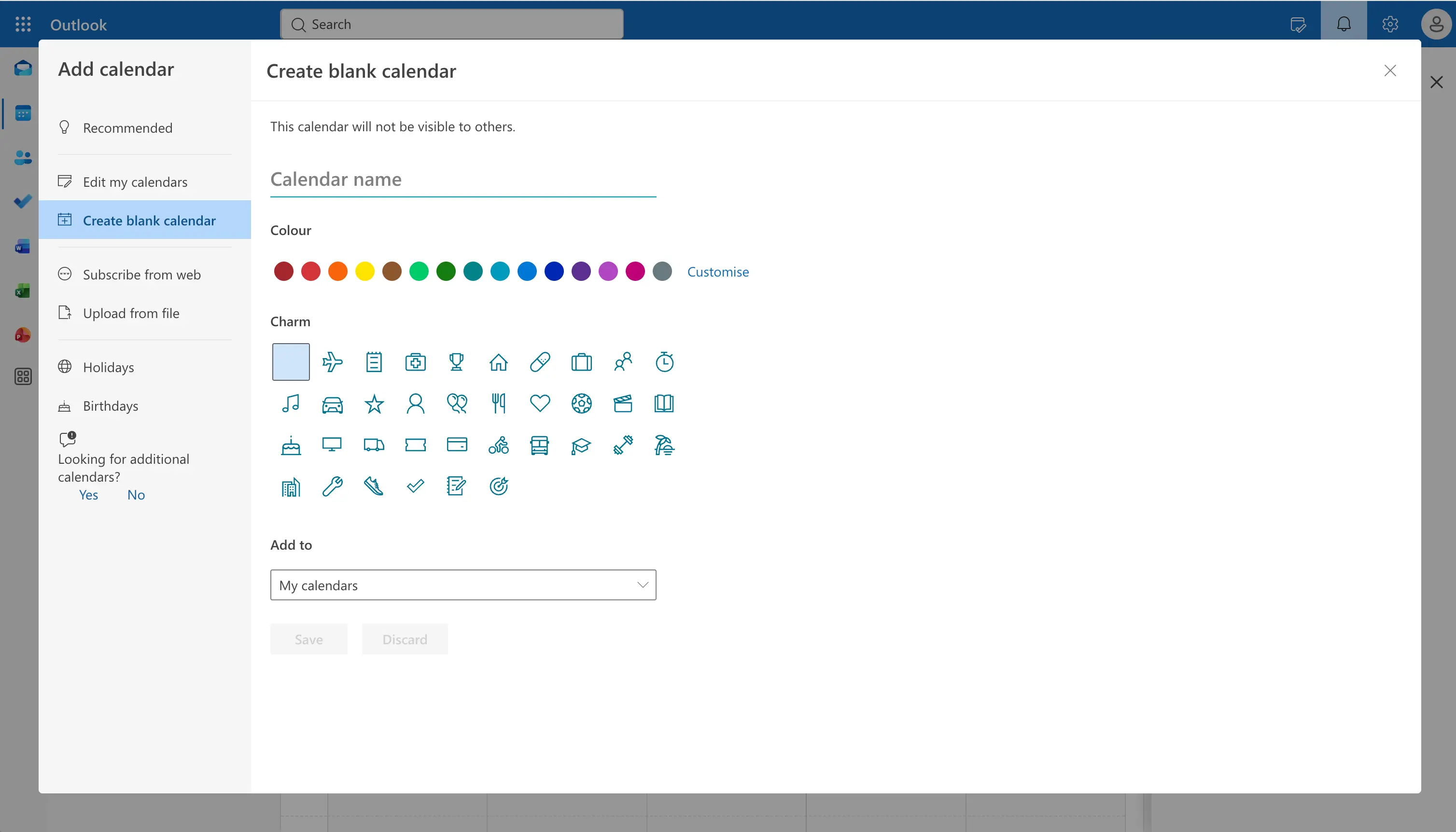 Crear un calendario nuevo en blanco en Outlook
