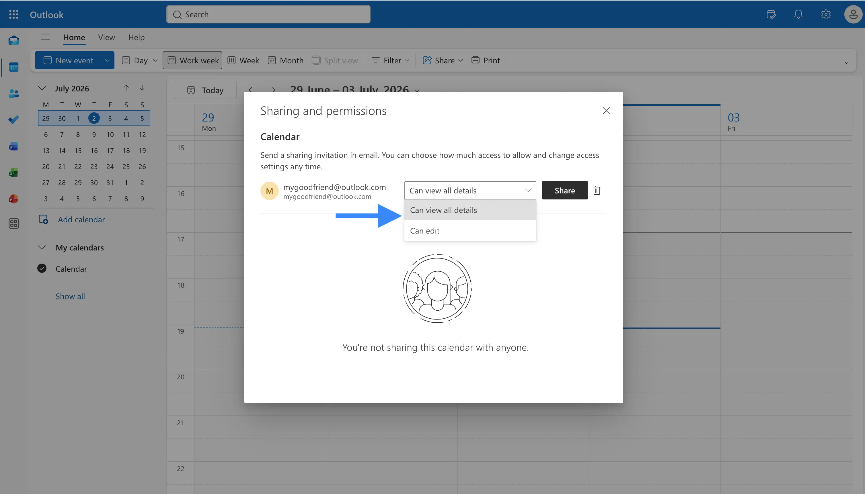 Elegir un nivel de permiso al compartir un calendario de Outlook
