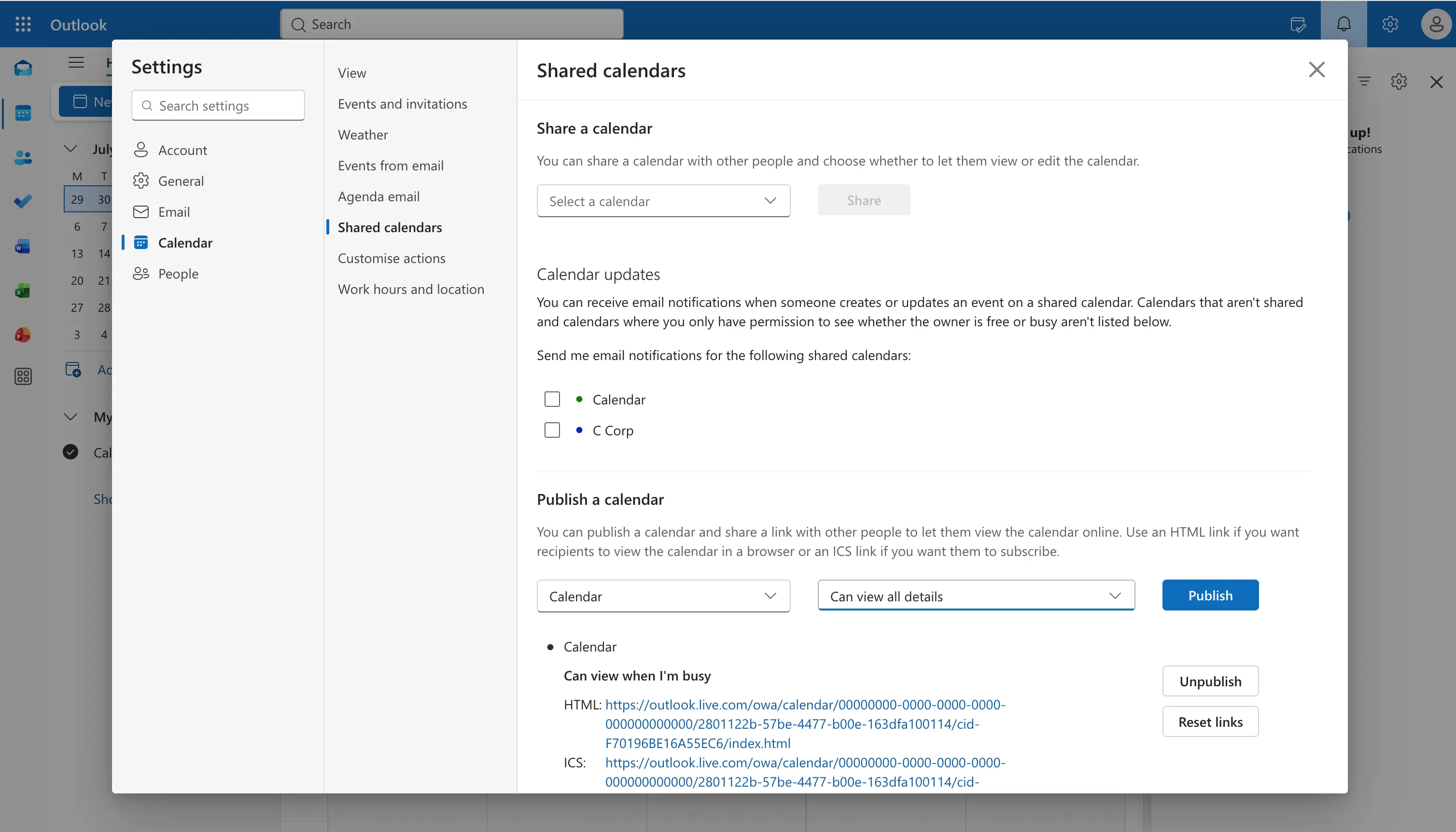 Publicar un calendario de Outlook y copiar los vínculos HTML e ICS