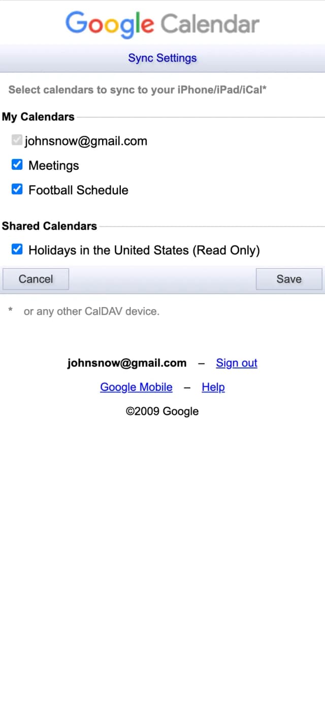 Auf der Sync-Auswahl-Seite auswählen, welche Google-Kalender mit dem iPhone synchronisiert werden