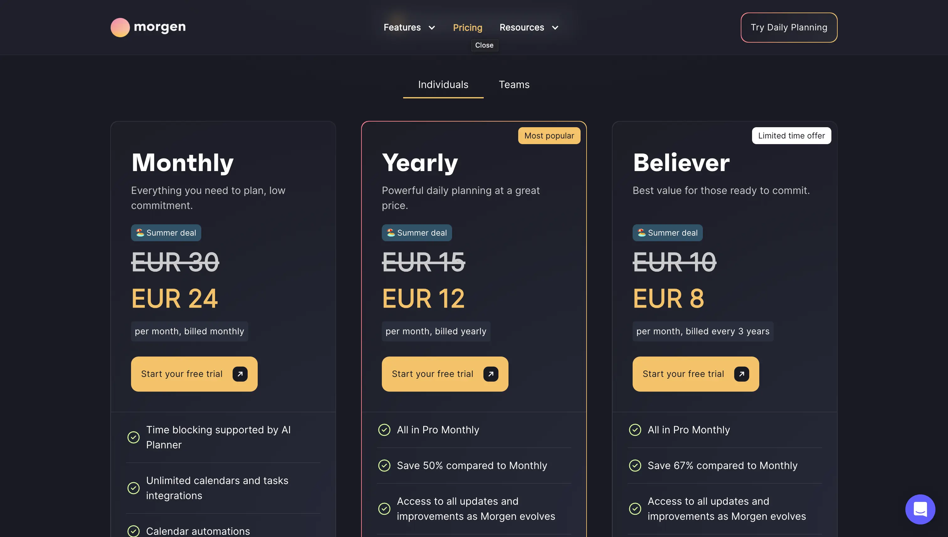 Morgen Pricing Page
