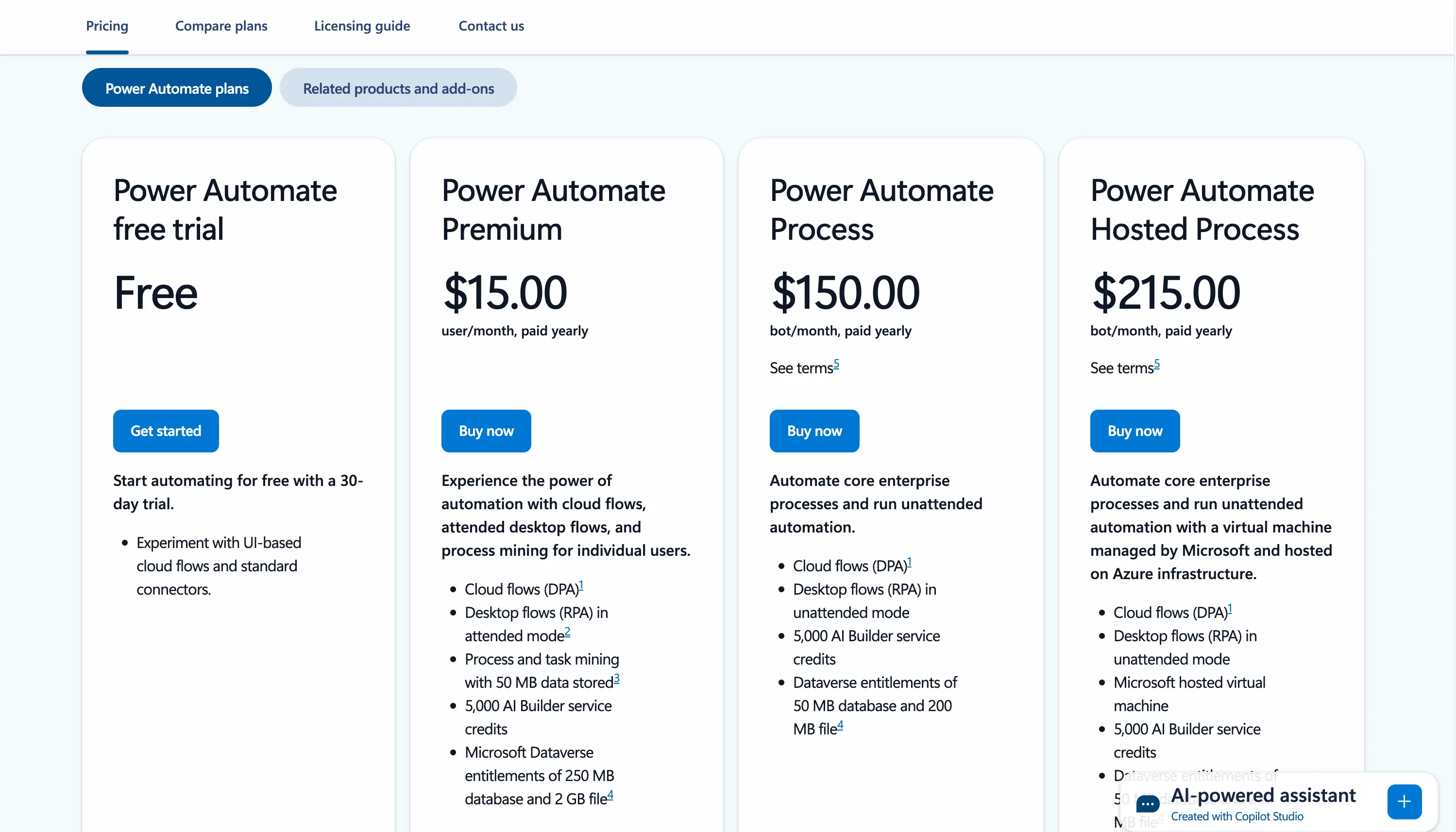 Power Automate Pricing Page