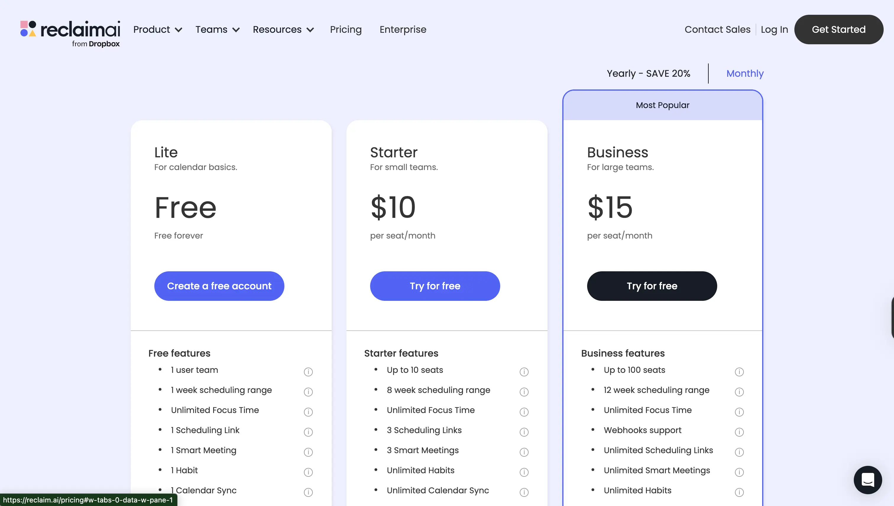 Reclaim Pricing Page