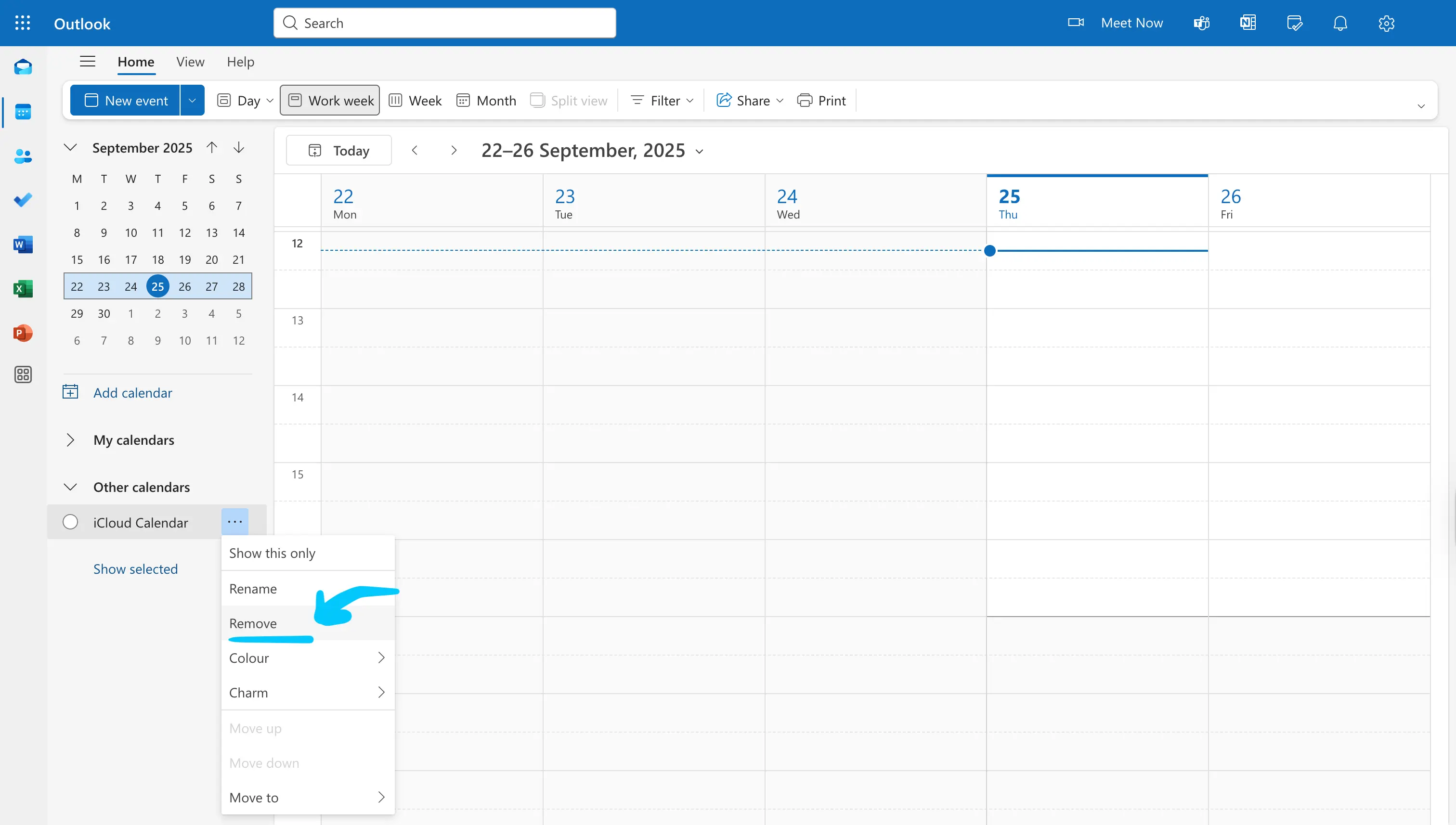 OutlookでiCloudカレンダーを登録解除