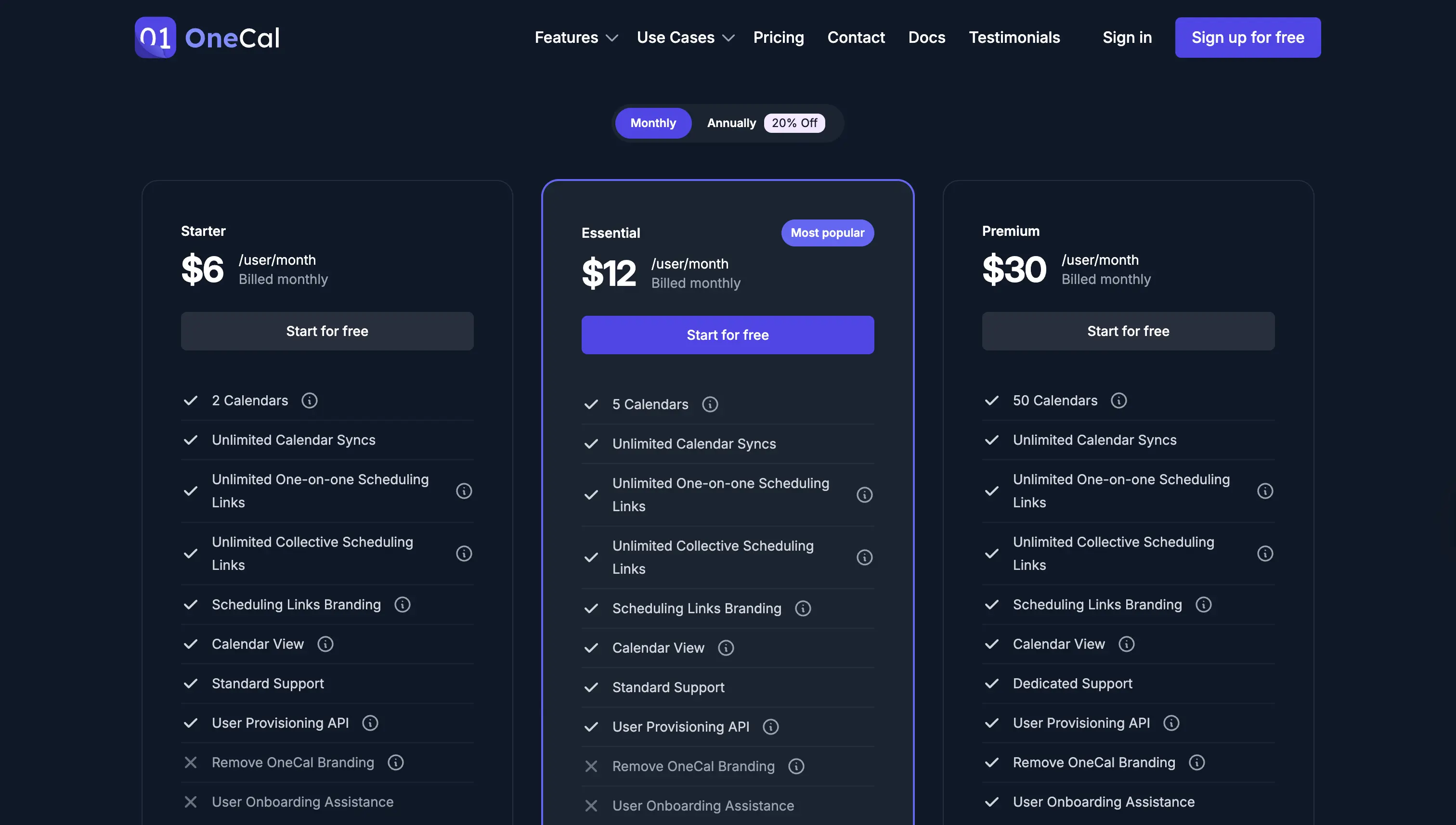 OneCal Pricing Page