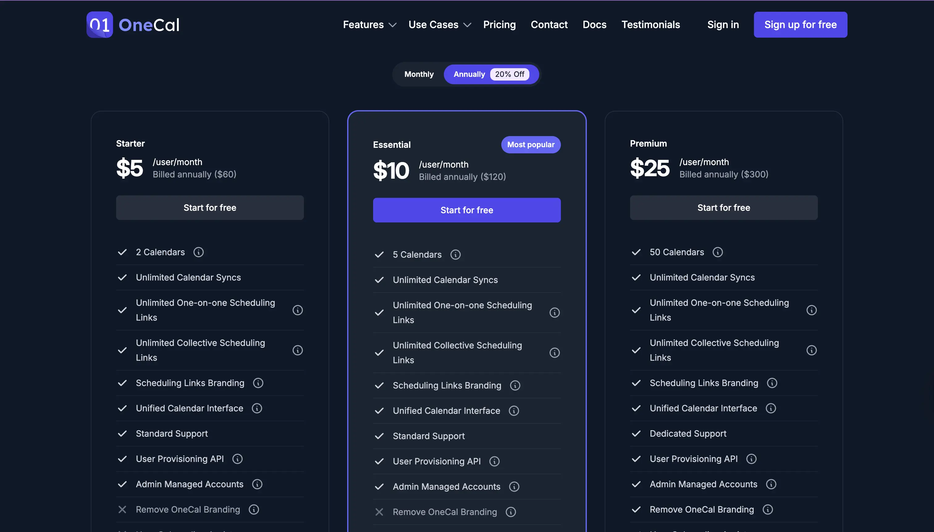 OneCal Pricing Page